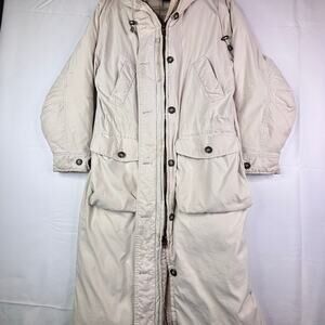 Lands’ End women’s long down puffer coat, cream/beige, size M (10–12)